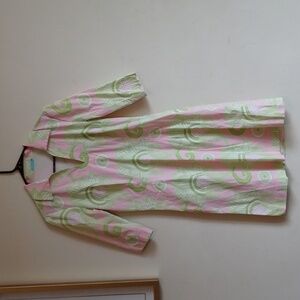 J. McLaughlin Pink And Green Dress With A Geometric Floral Pattern.